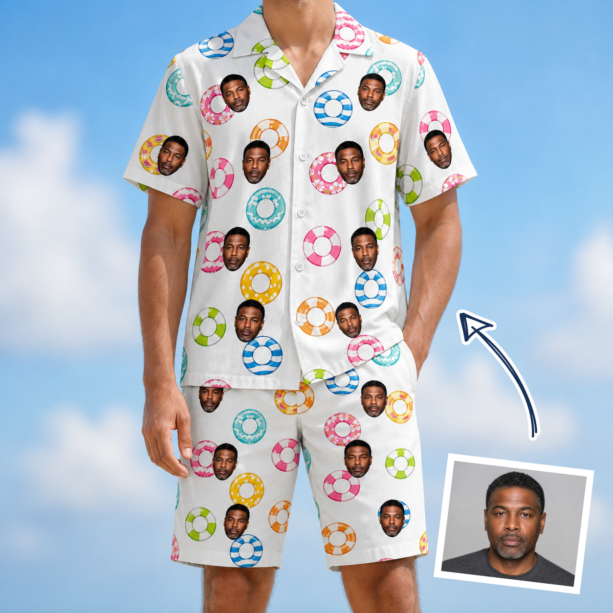 Man wearing Men's Rainbow Ripples Custom Face Shirt & Shorts Set — custom faces printed all-over