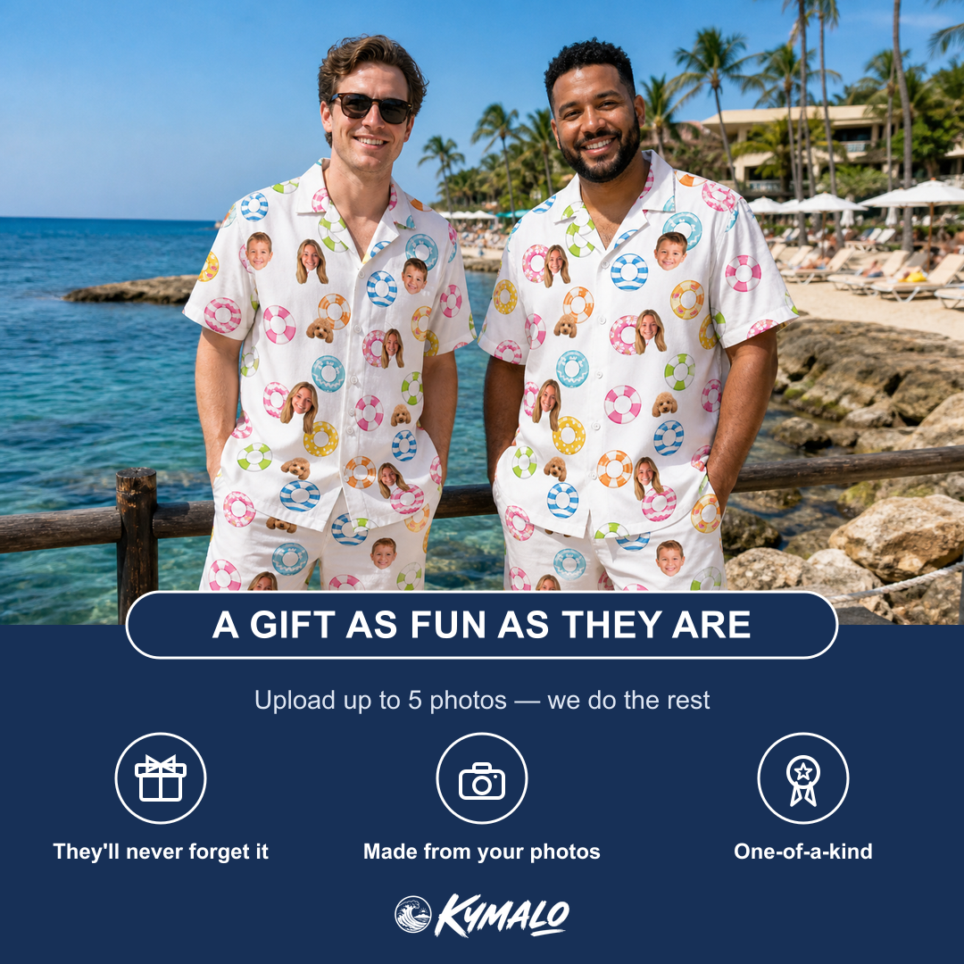 Friends in matching Men's Rainbow Ripples Custom Face Shirt & Shorts Set — a group gift photo