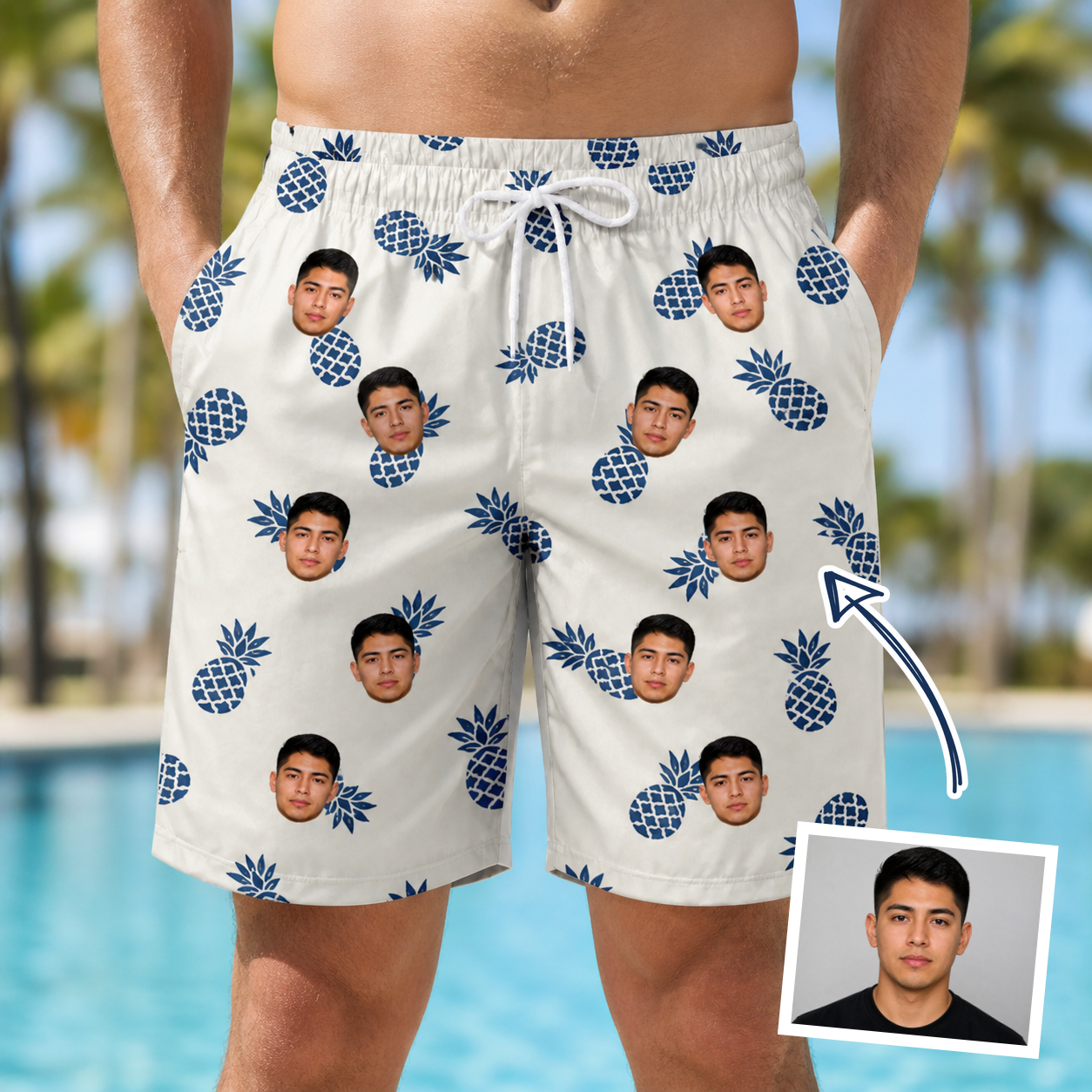 Man wearing Men's Golden Getaway Custom Face Beach Shorts — custom faces printed all-over