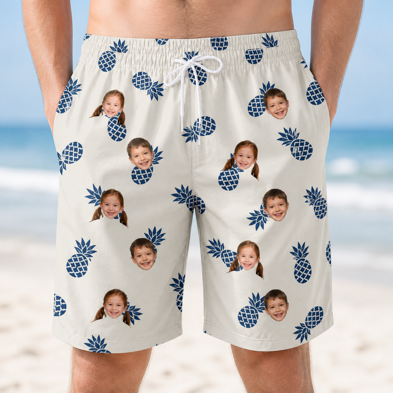 Model wearing Men's Golden Getaway Custom Face Beach Shorts printed with kids' faces