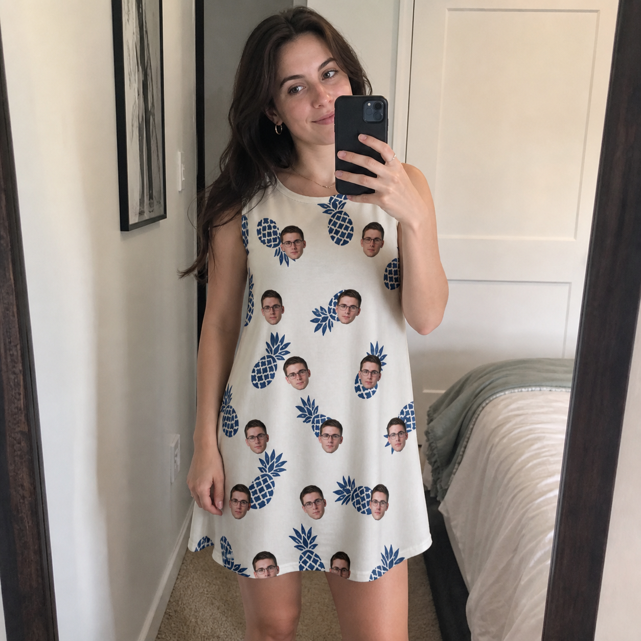 Real-life photo of someone wearing Women's Golden Getaway Custom Face Tank Dress — custom faces printed all-over