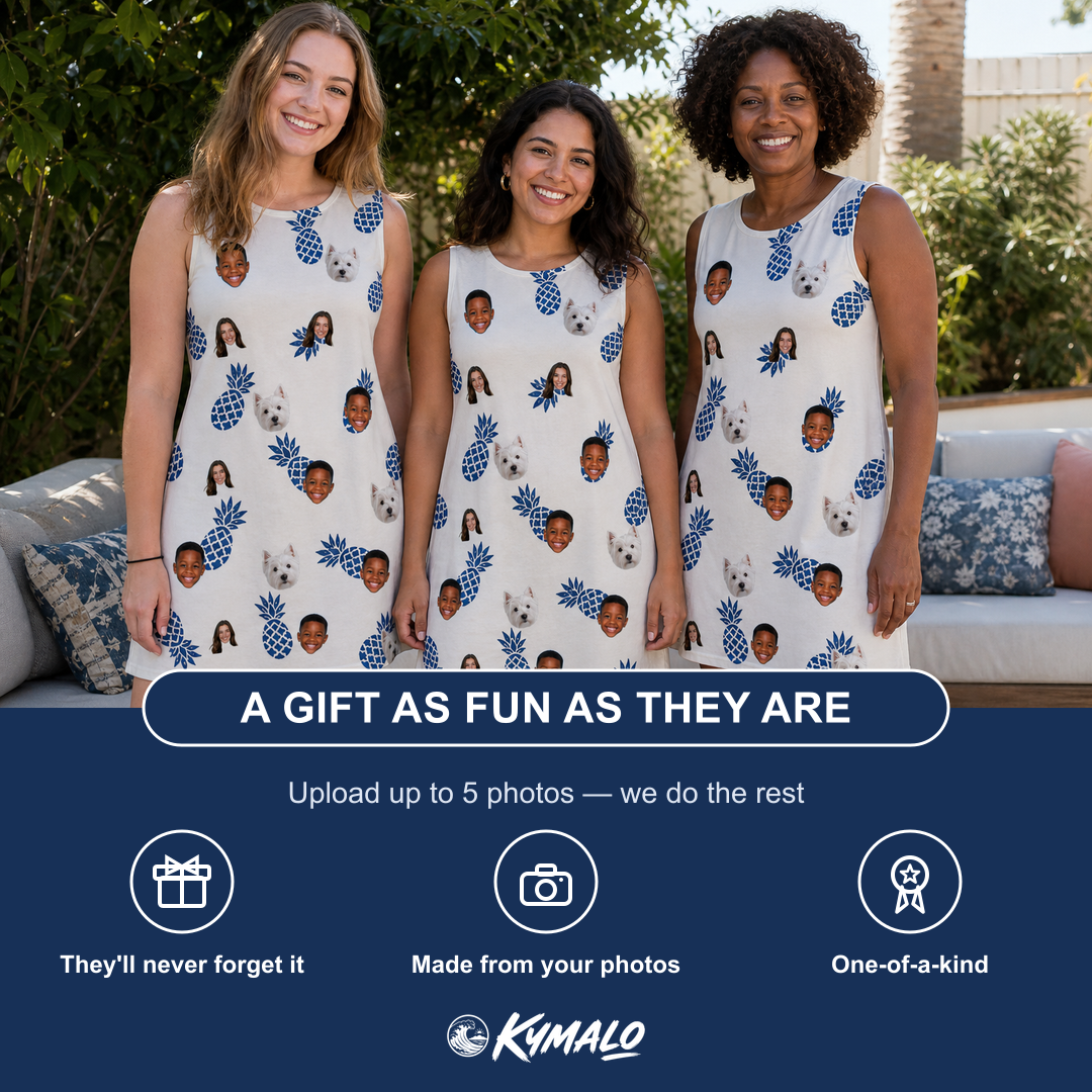 Friends in matching Women's Golden Getaway Custom Face Tank Dress — a group gift photo