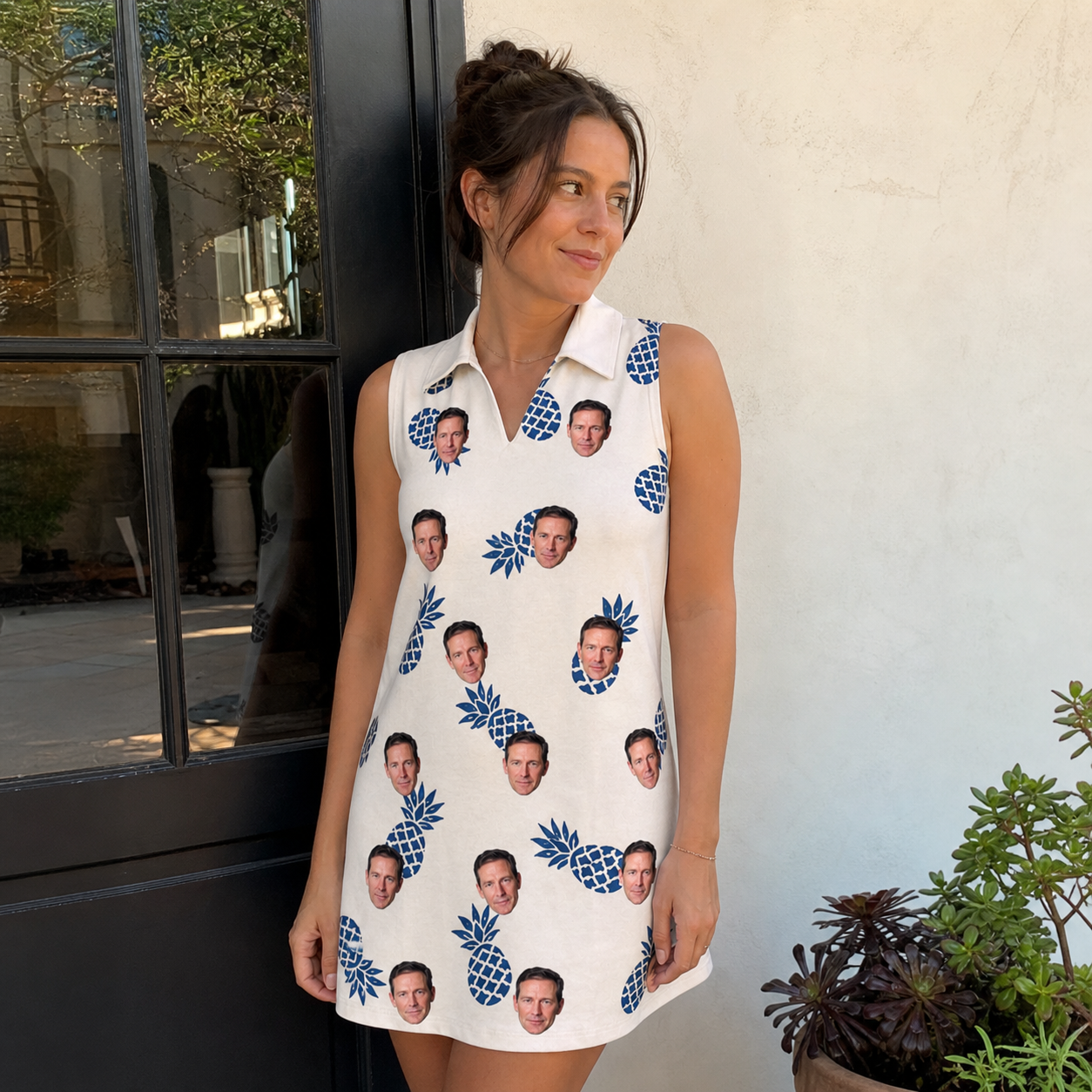 Real-life photo of someone wearing Women's Golden Getaway Custom Face V-Neck Dress — custom faces printed all-over