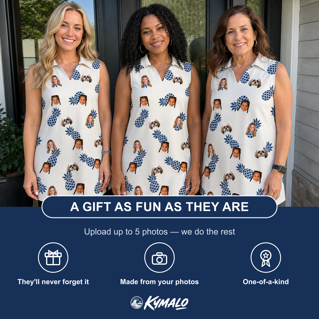 Friends in matching Women's Golden Getaway Custom Face V-Neck Dress — a group gift photo