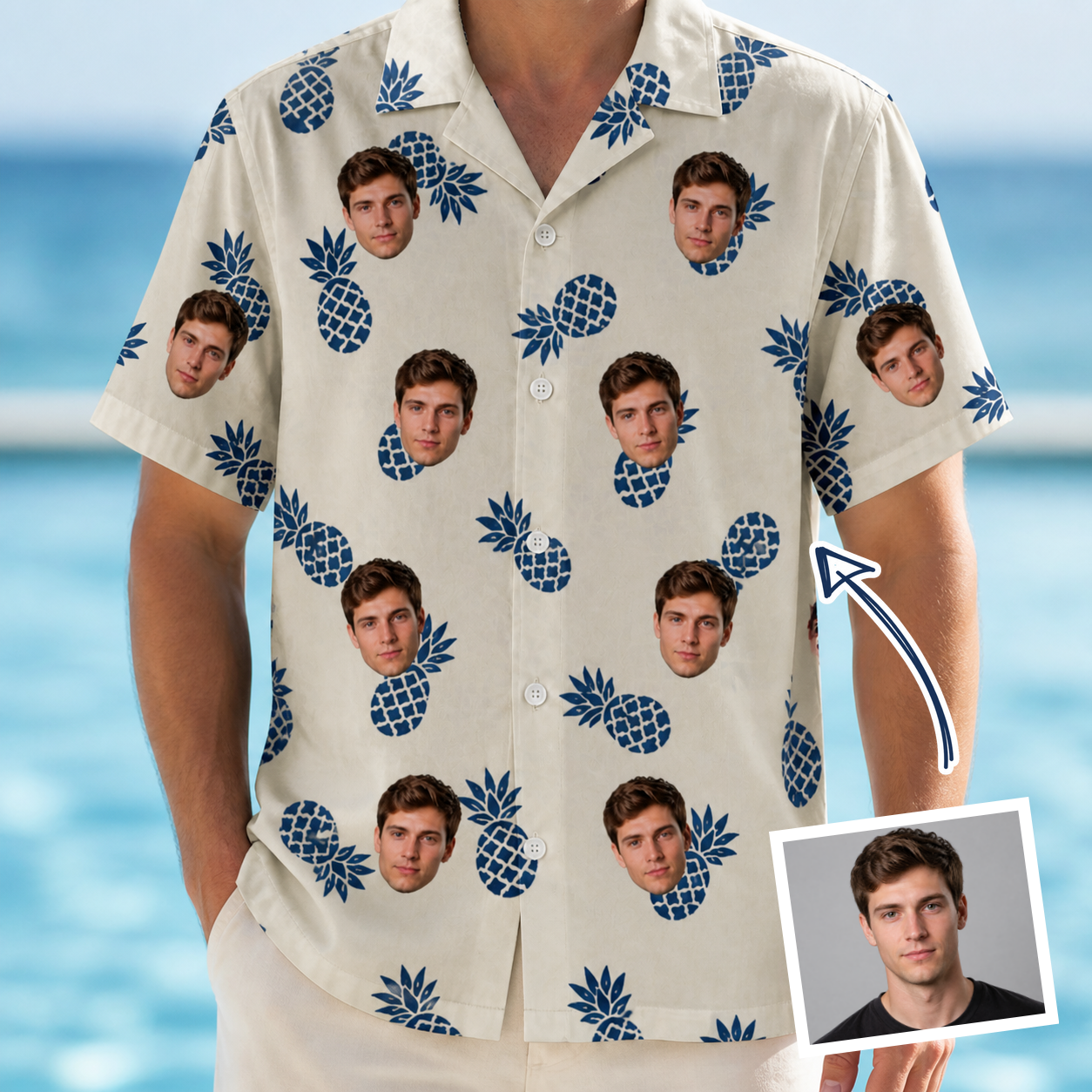 Man wearing Men's Golden Getaway Custom Face Hawaiian Shirt — custom faces printed all-over