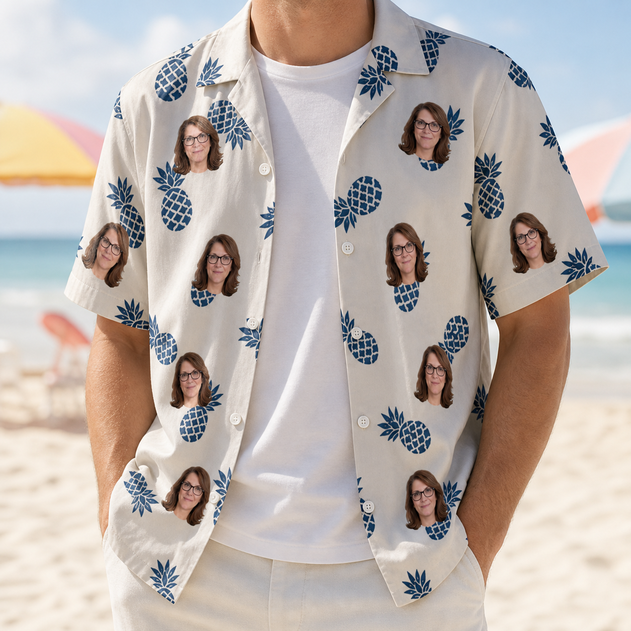 Man wearing Men's Golden Getaway Custom Face Hawaiian Shirt open over a white tee