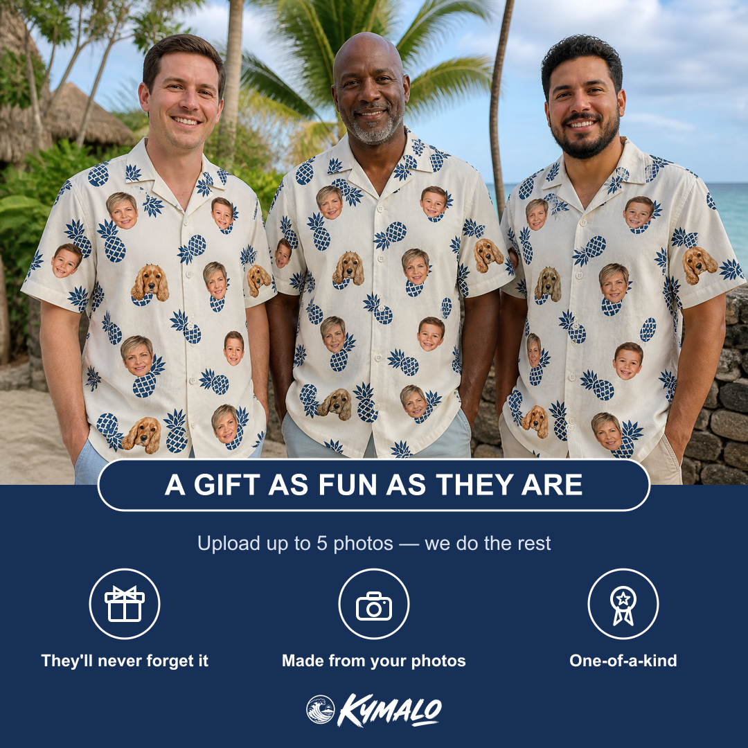 Friends in matching Men's Golden Getaway Custom Face Hawaiian Shirt — a group gift photo