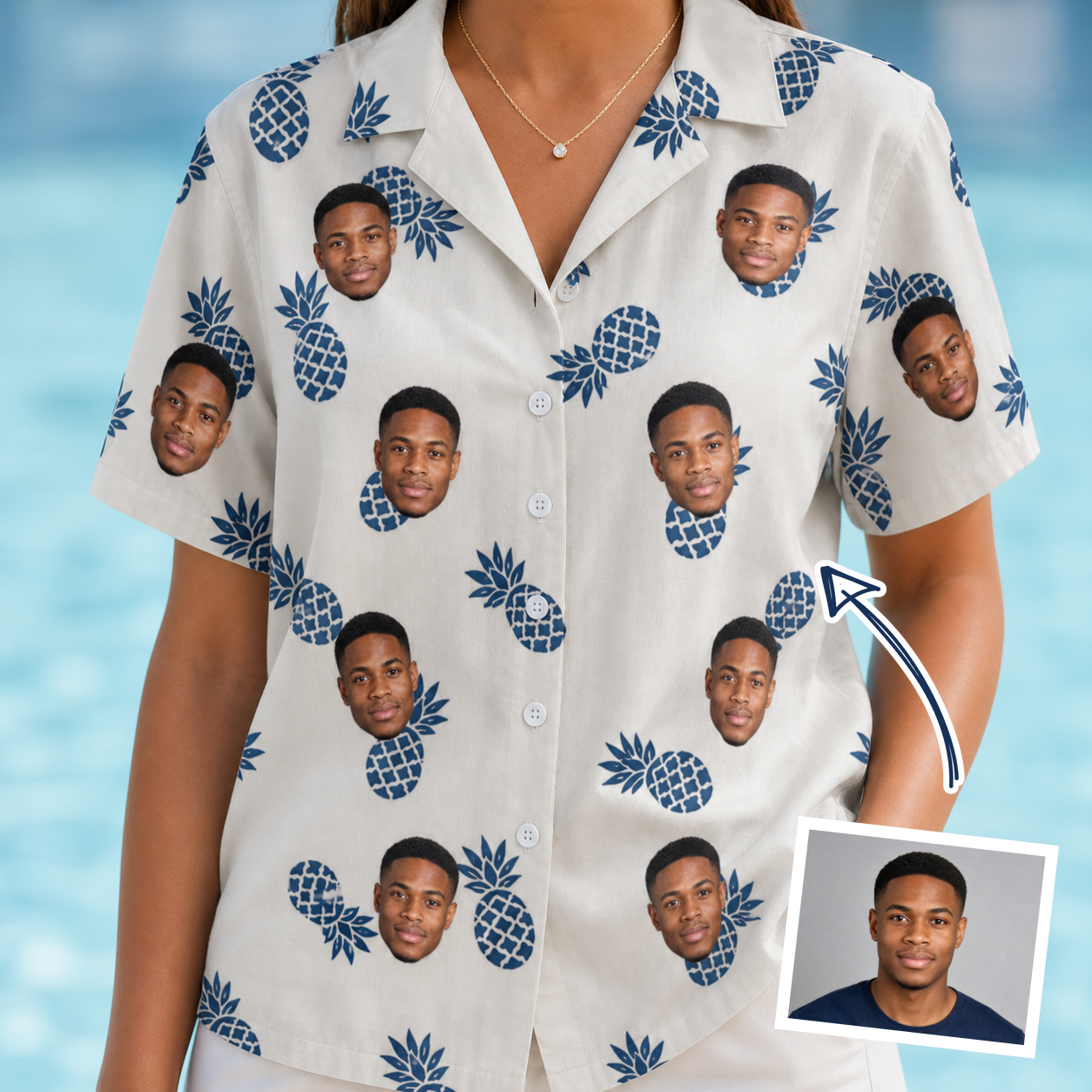 Woman wearing Women's Golden Getaway Custom Face Hawaiian Shirt — custom faces printed all-over