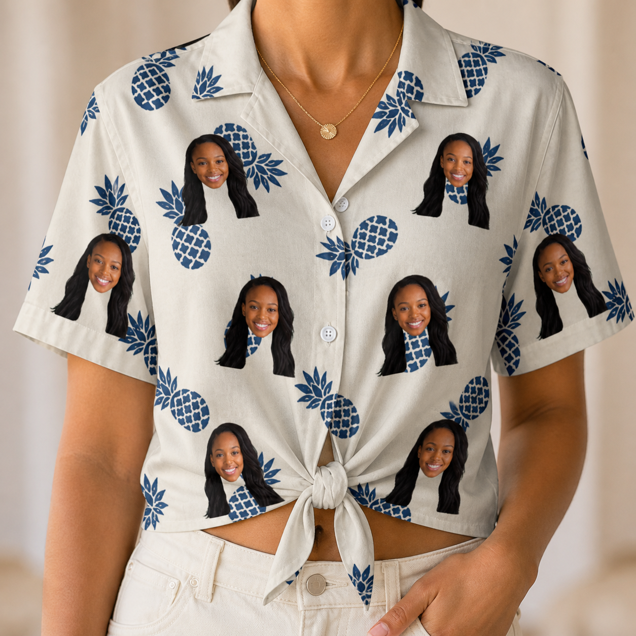 Woman wearing Women's Golden Getaway Custom Face Hawaiian Shirt tied at the waist