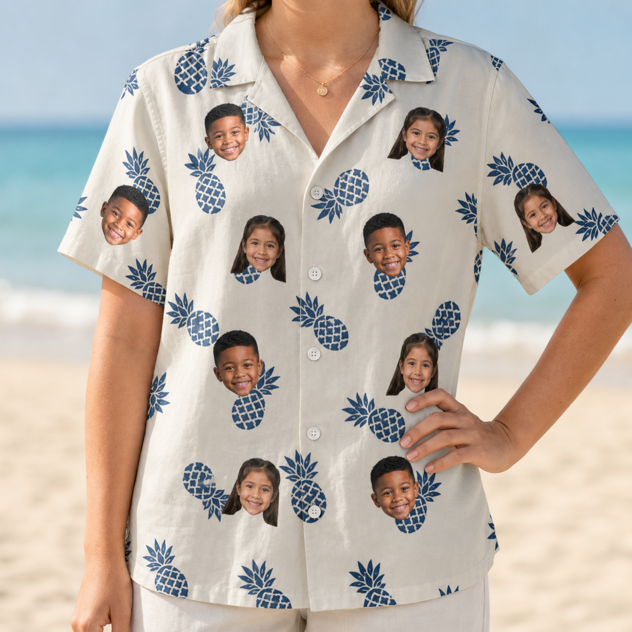 Model wearing Women's Golden Getaway Custom Face Hawaiian Shirt printed with kids' faces