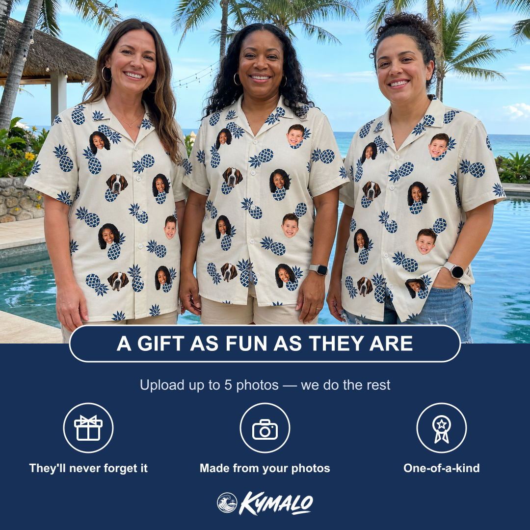 Friends in matching Women's Golden Getaway Custom Face Hawaiian Shirt — a group gift photo