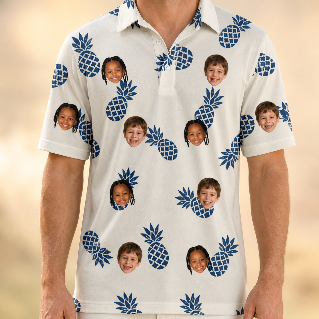 Model wearing Men's Golden Getaway Custom Face Polo Shirt printed with kids' faces