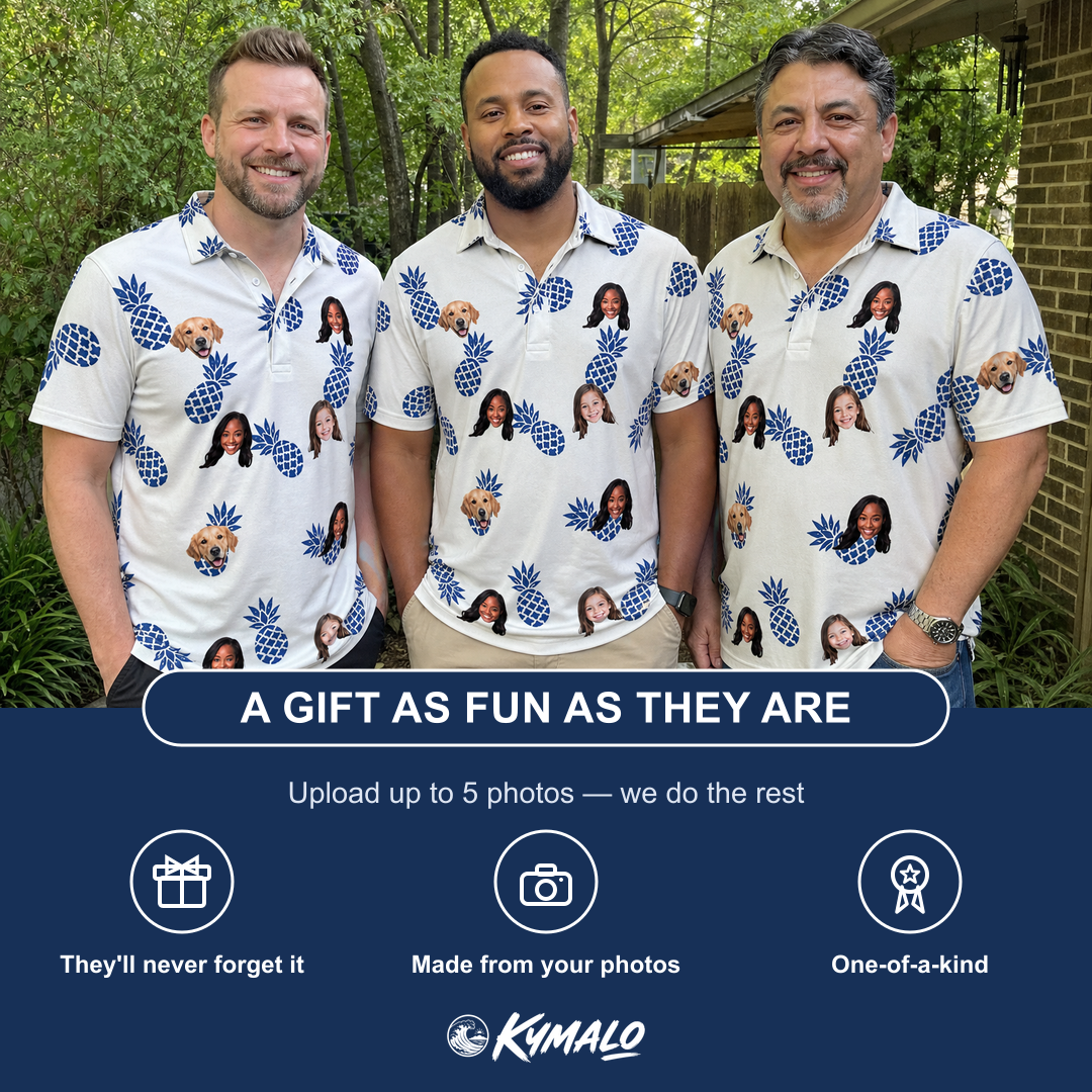 Friends in matching Men's Golden Getaway Custom Face Polo Shirt — a group gift photo