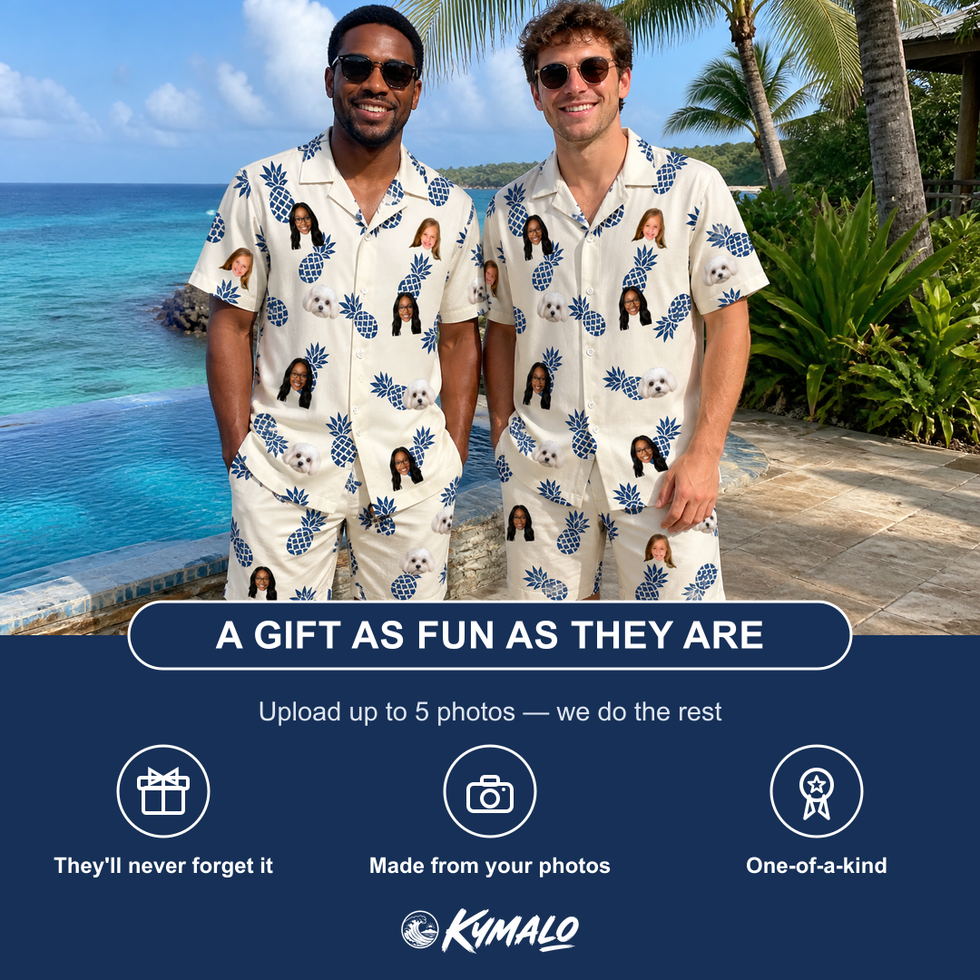 Friends in matching Men's Golden Getaway Custom Face Shirt & Shorts Set — a group gift photo