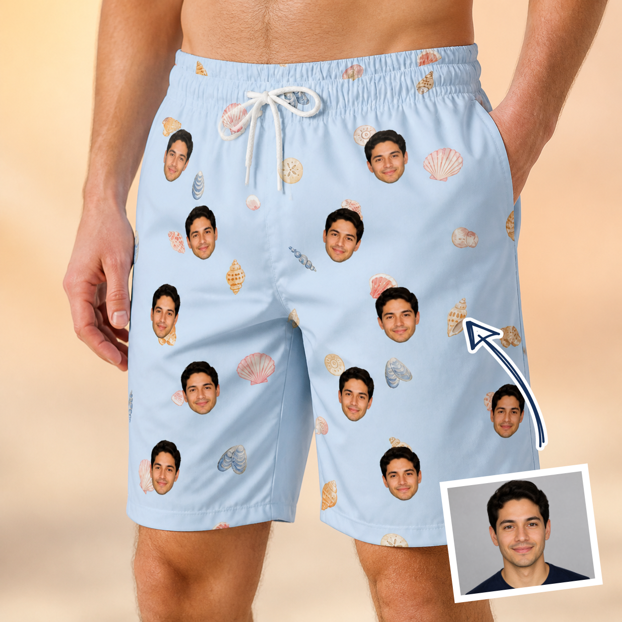 Man wearing Men's Shell Yeah Custom Face Beach Shorts — custom faces printed all-over