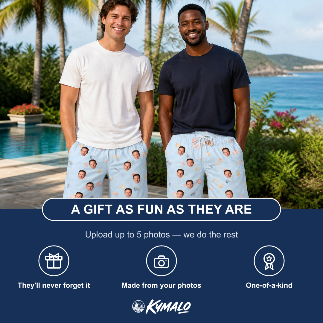 Friends in matching Men's Shell Yeah Custom Face Beach Shorts — a group gift photo