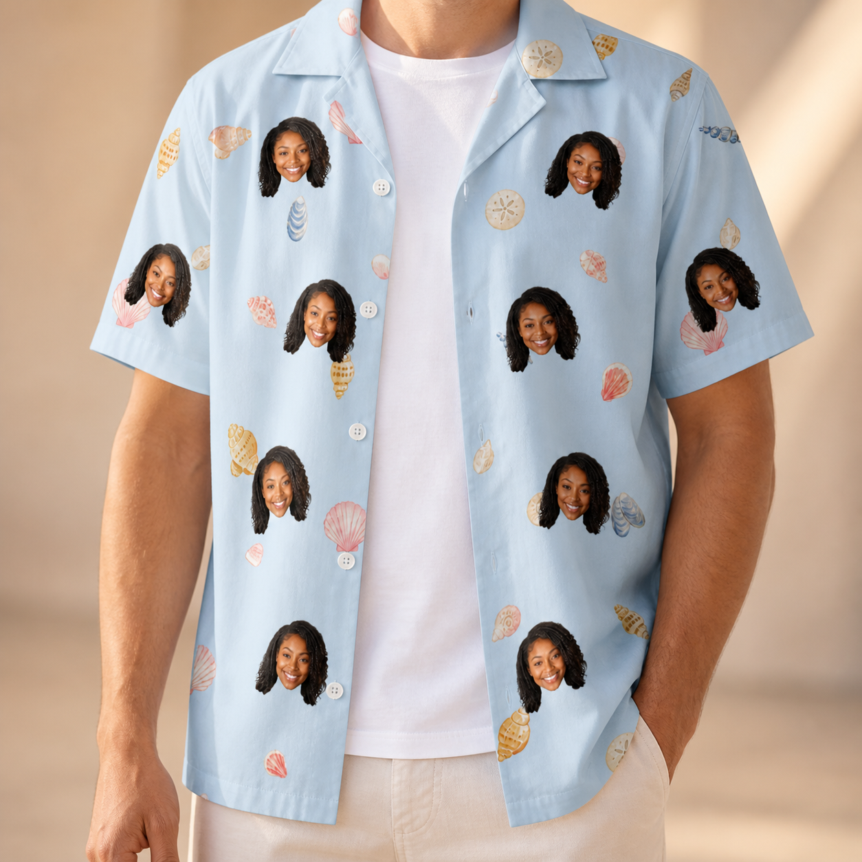 Man wearing Men's Shell Yeah Custom Face Hawaiian Shirt open over a white tee