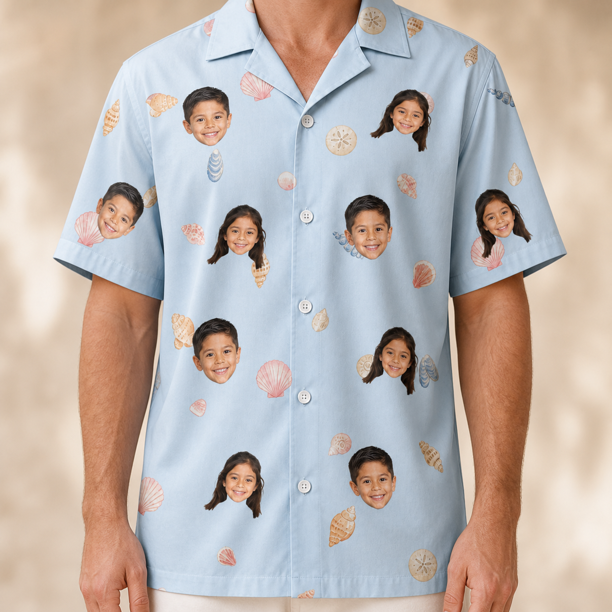 Model wearing Men's Shell Yeah Custom Face Hawaiian Shirt printed with kids' faces
