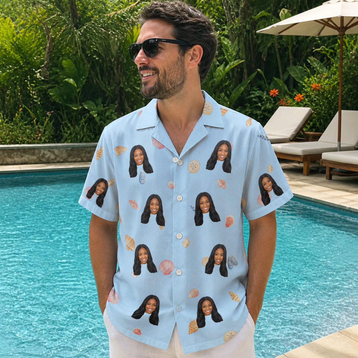 Real-life photo of someone wearing Men's Shell Yeah Custom Face Hawaiian Shirt — custom faces printed all-over