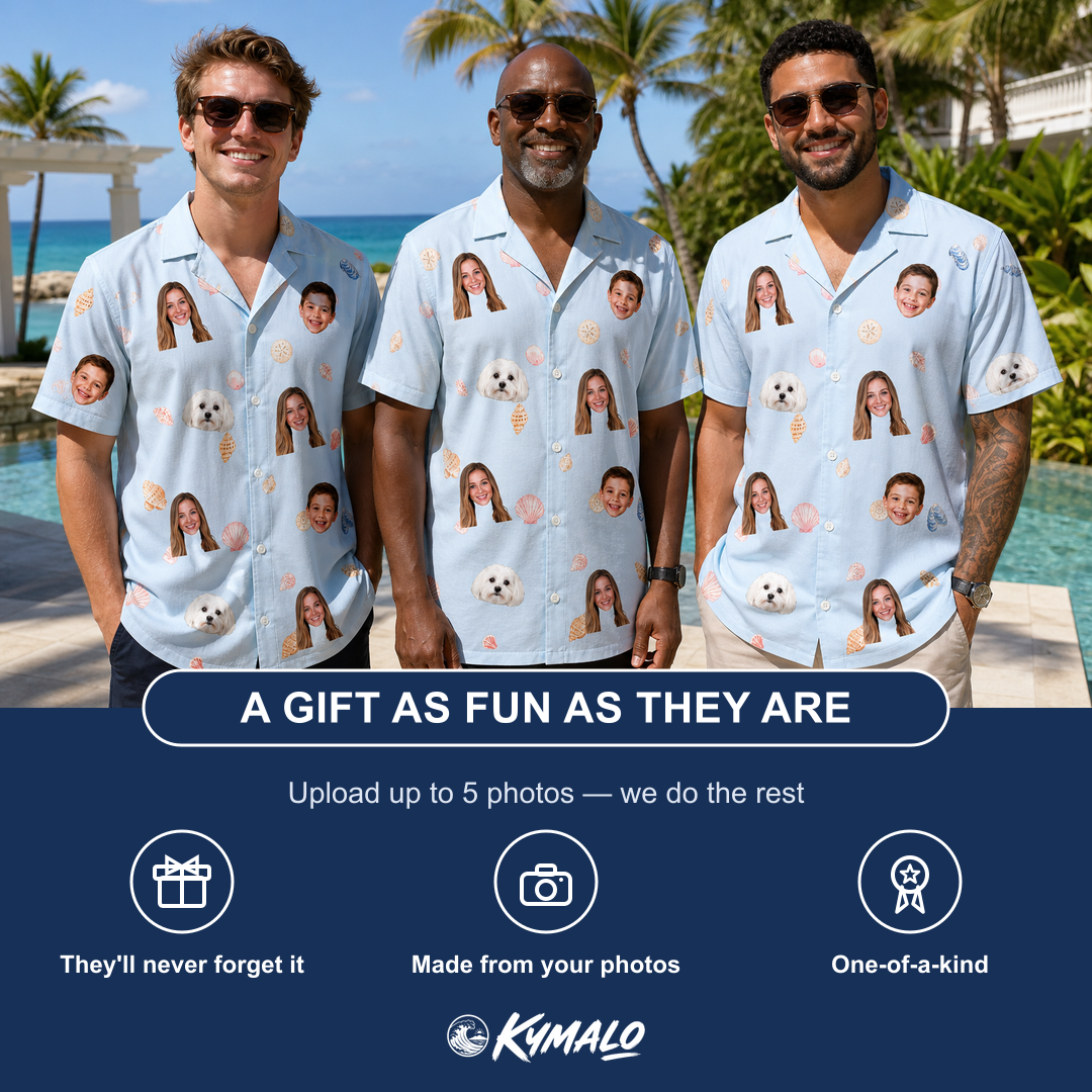 Friends in matching Men's Shell Yeah Custom Face Hawaiian Shirt — a group gift photo