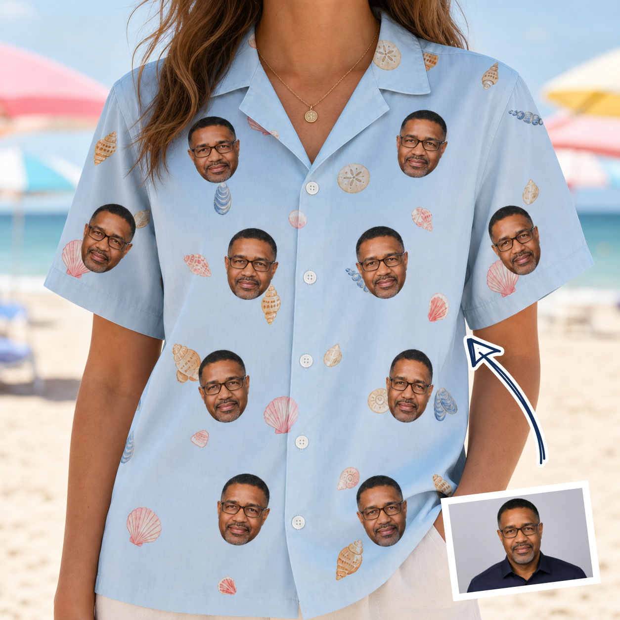 Woman wearing Women's Shell Yeah Custom Face Hawaiian Shirt — custom faces printed all-over