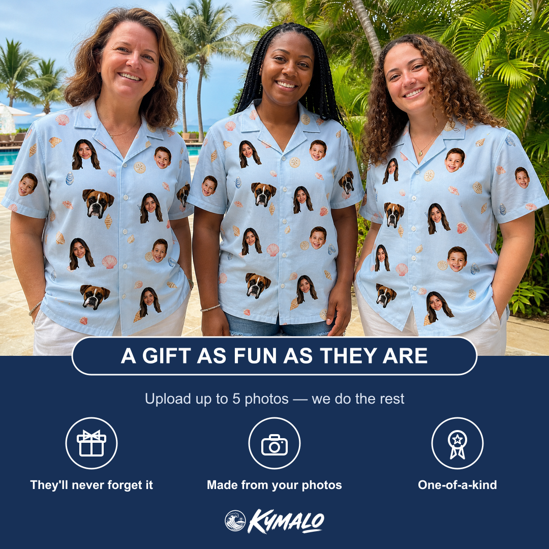 Friends in matching Women's Shell Yeah Custom Face Hawaiian Shirt — a group gift photo