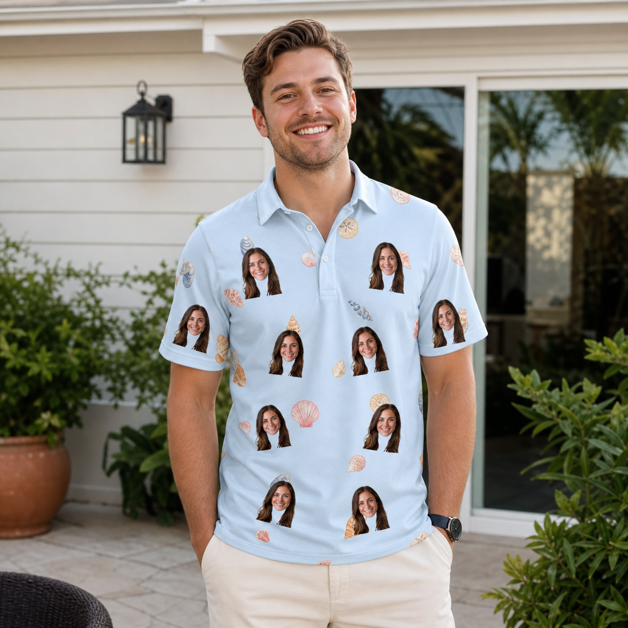 Real-life photo of someone wearing Men's Shell Yeah Custom Face Polo Shirt — custom faces printed all-over