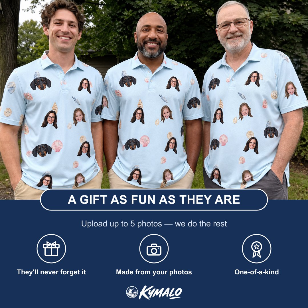 Friends in matching Men's Shell Yeah Custom Face Polo Shirt — a group gift photo