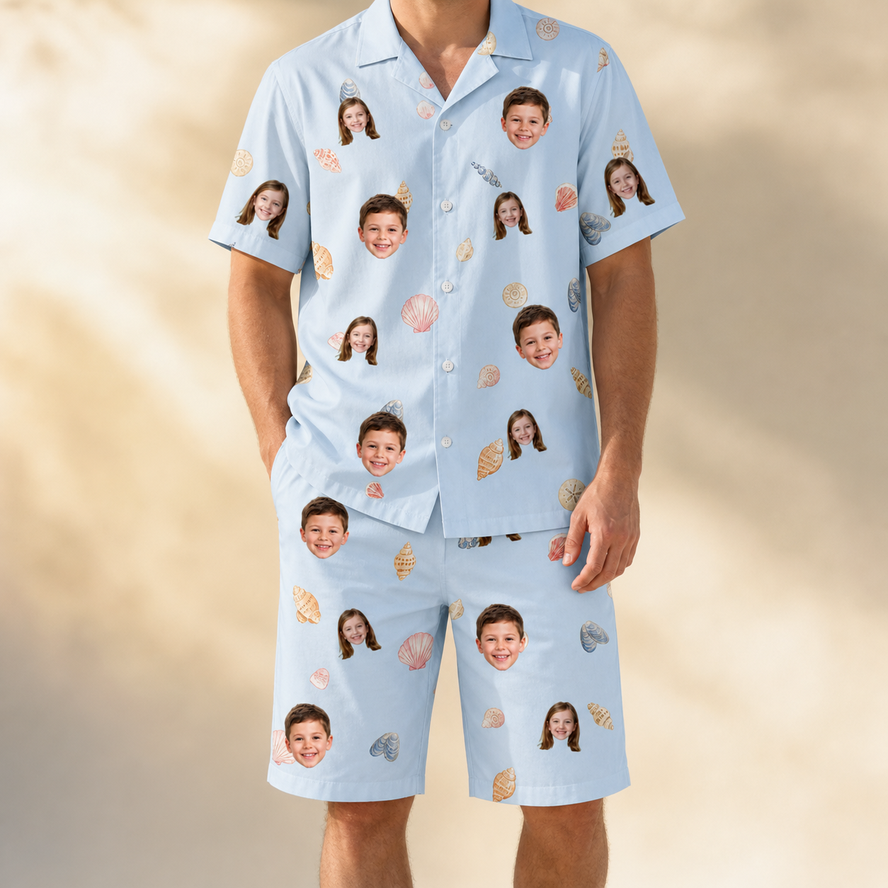Model wearing Men's Shell Yeah Custom Face Shirt & Shorts Set printed with kids' faces