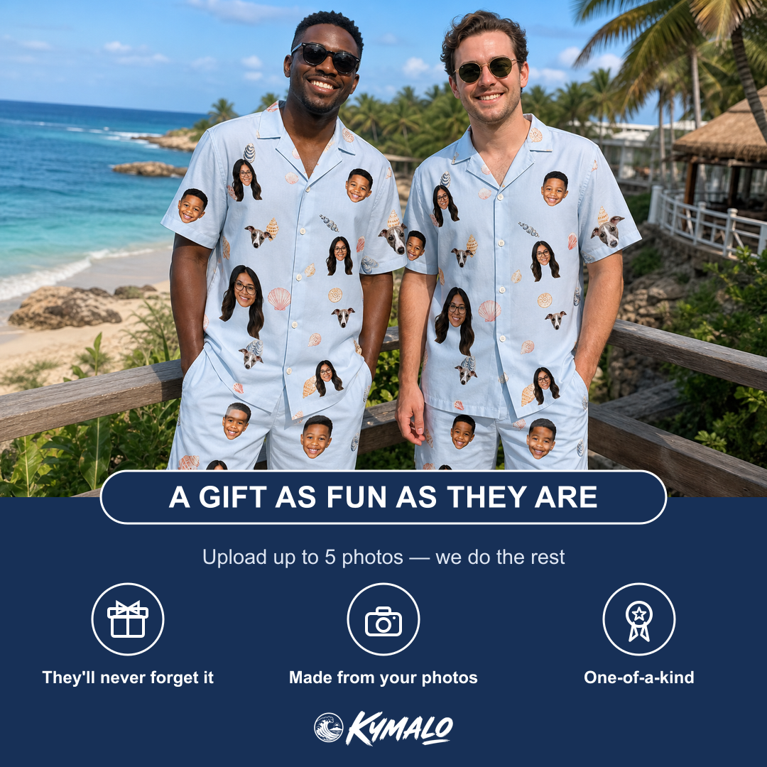 Friends in matching Men's Shell Yeah Custom Face Shirt & Shorts Set — a group gift photo