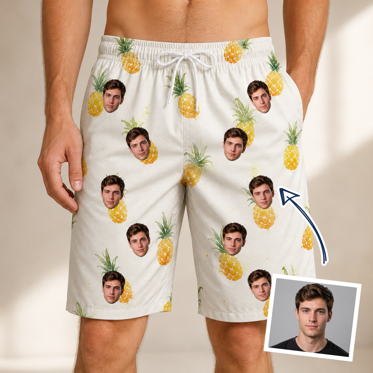 Man wearing Men's Prickle Picnic Custom Face Beach Shorts — custom faces printed all-over