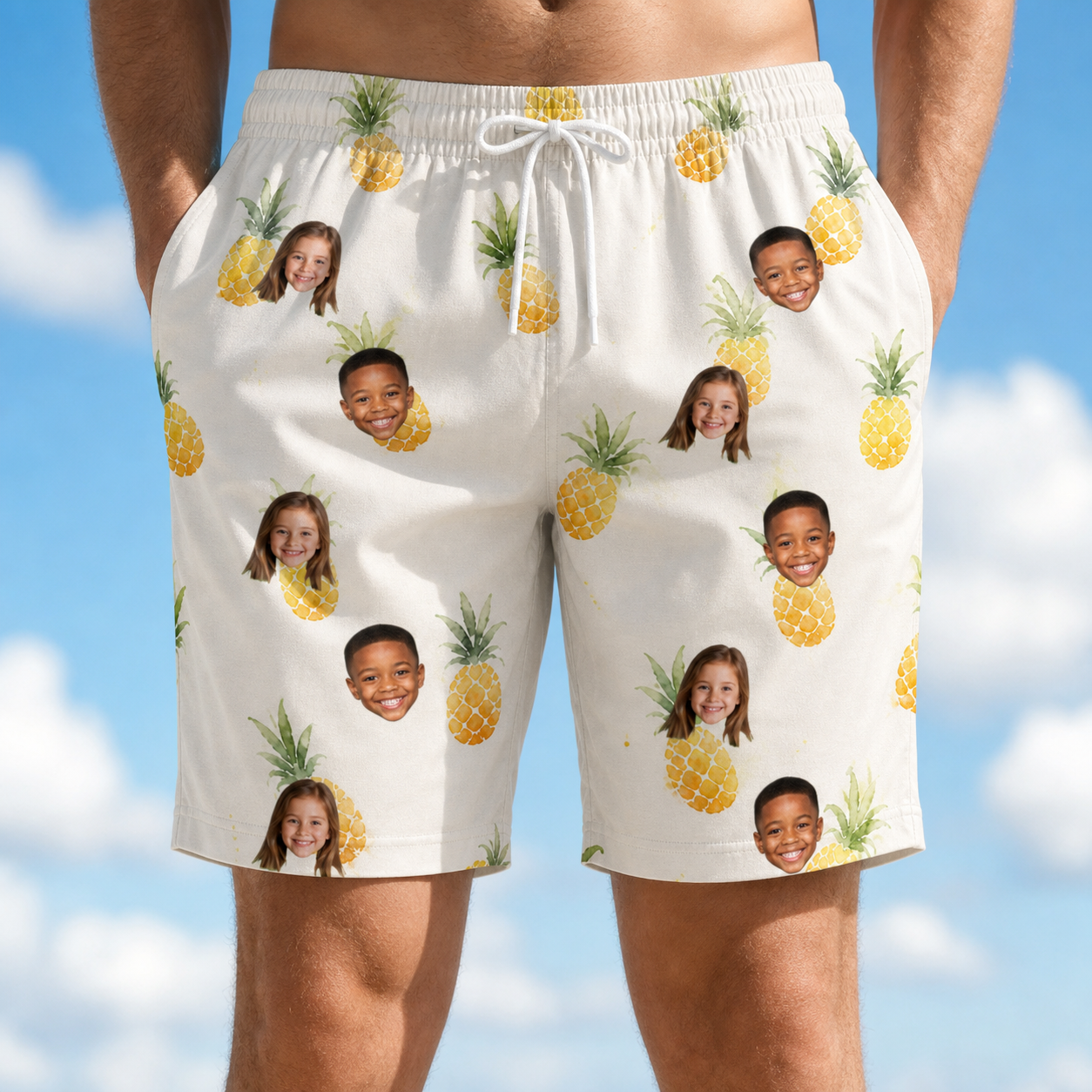 Model wearing Men's Prickle Picnic Custom Face Beach Shorts printed with kids' faces