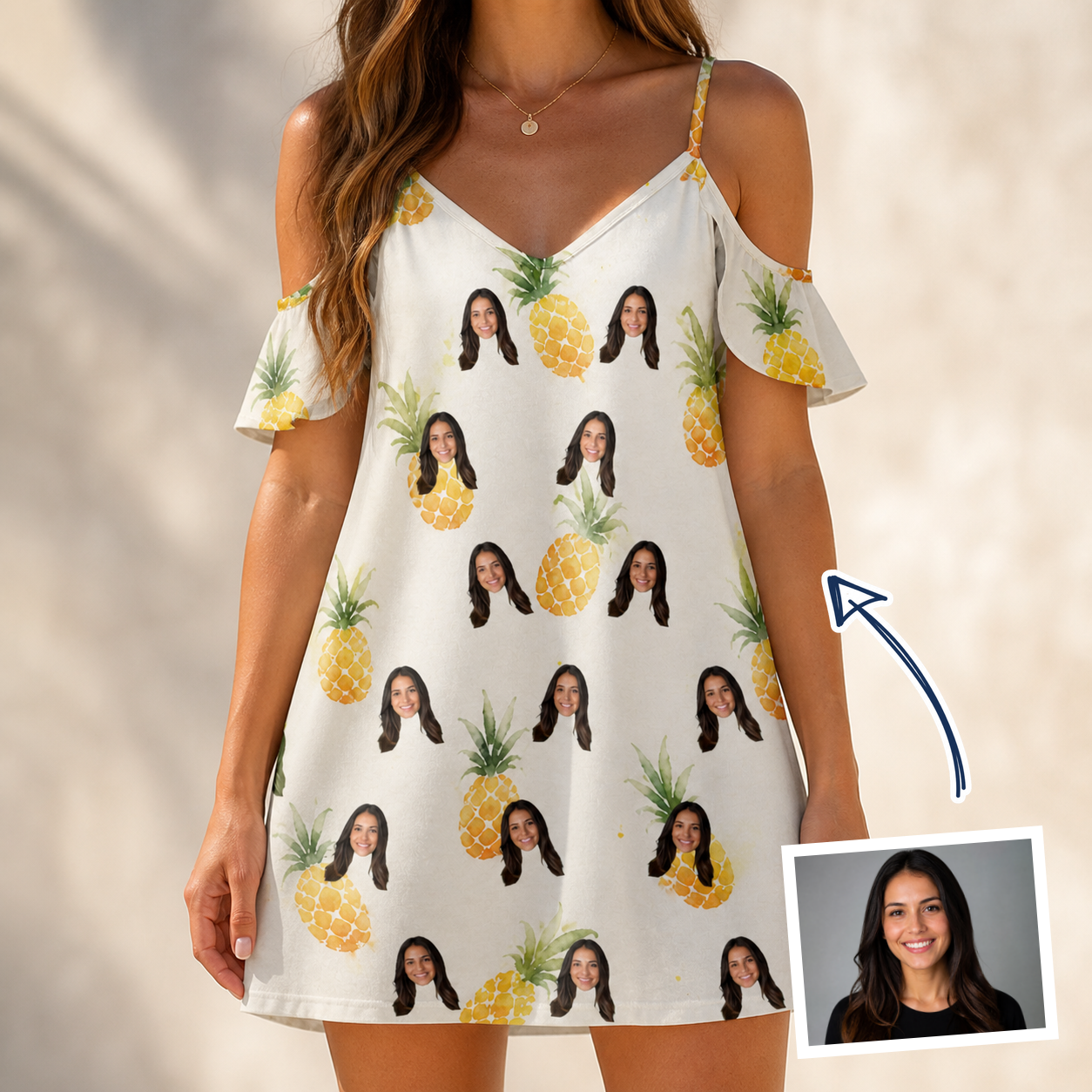 Woman wearing Women's Prickle Picnic Custom Face Off-Shoulder Dress — custom faces printed all-over