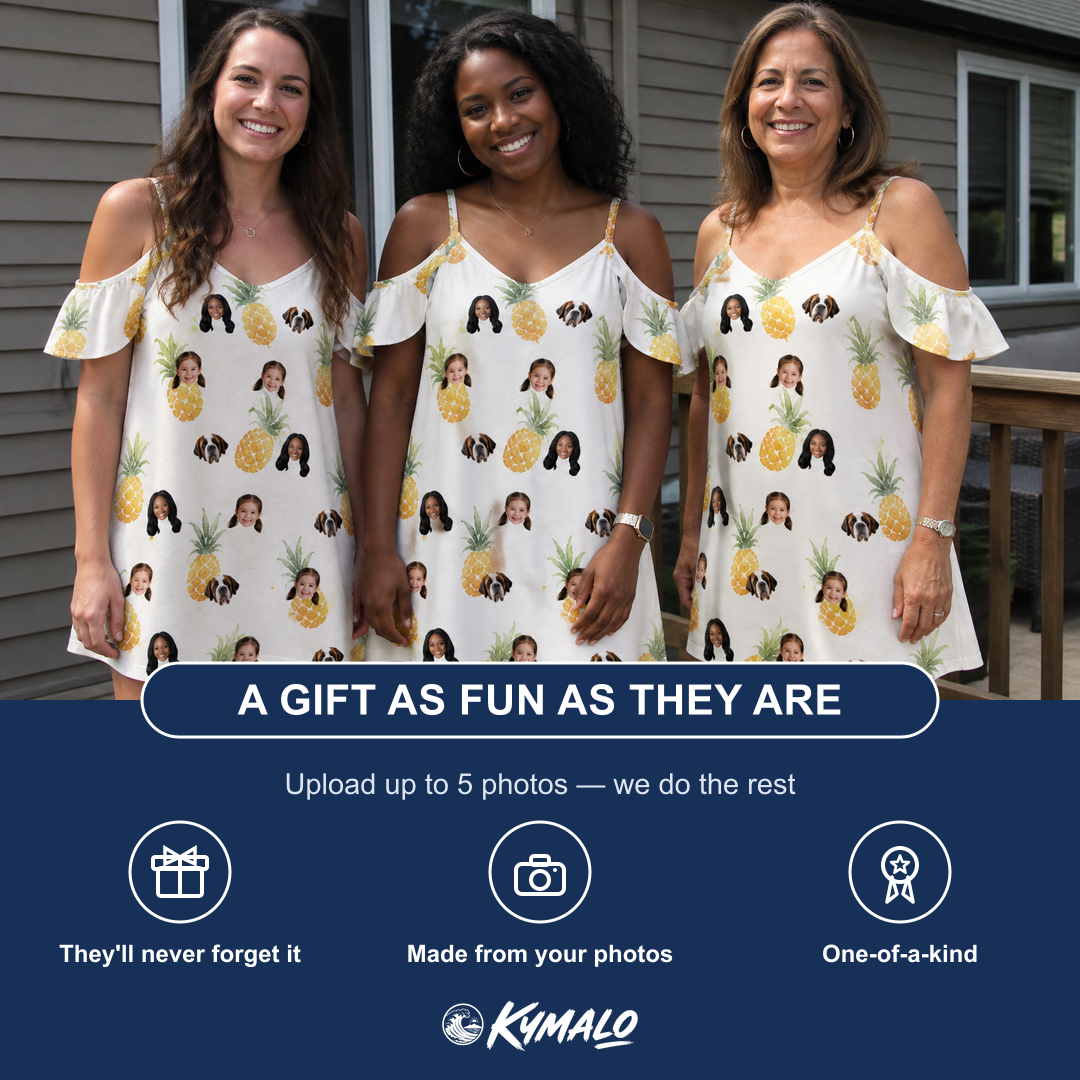 Friends in matching Women's Prickle Picnic Custom Face Off-Shoulder Dress — a group gift photo