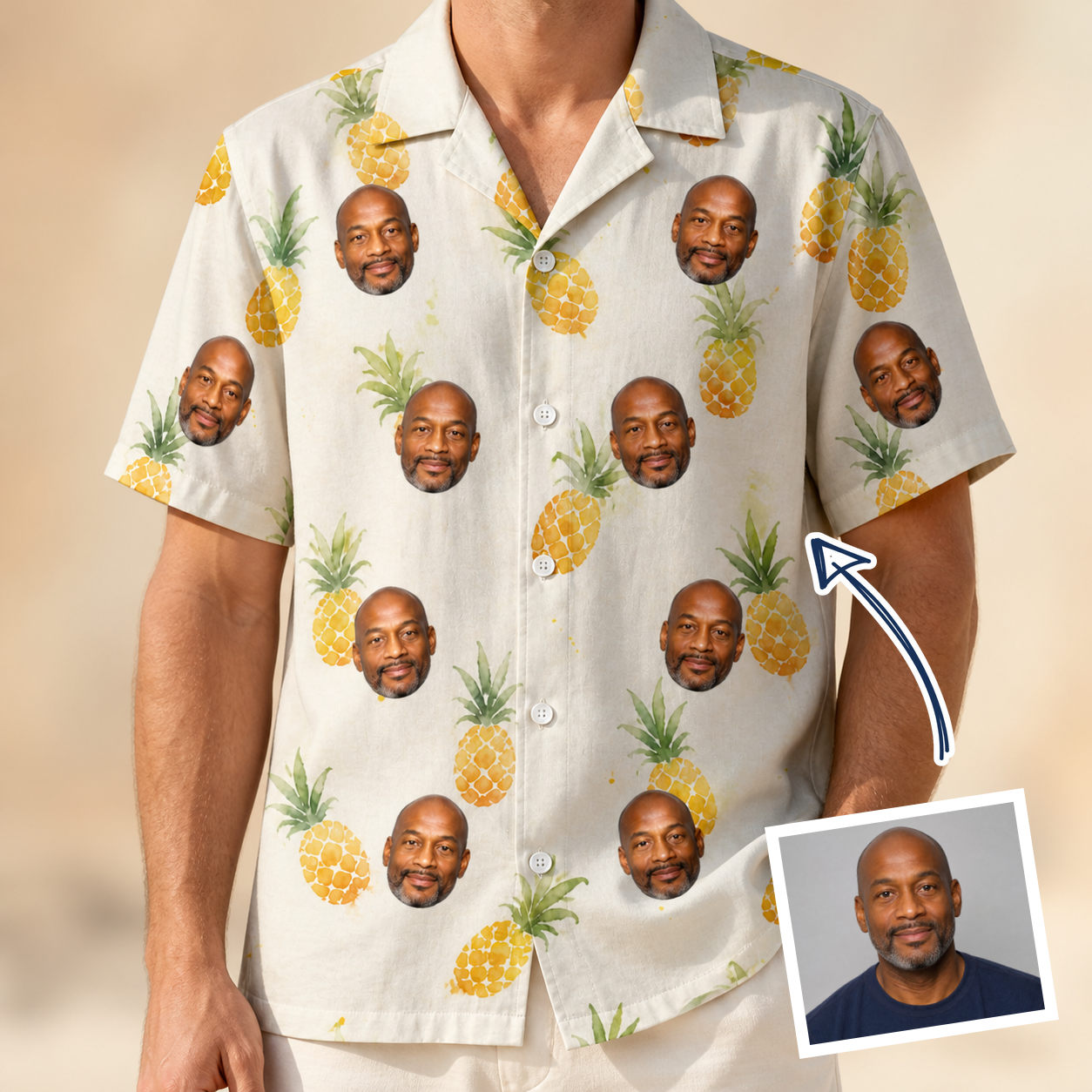 Man wearing Men's Prickle Picnic Custom Face Hawaiian Shirt — custom faces printed all-over