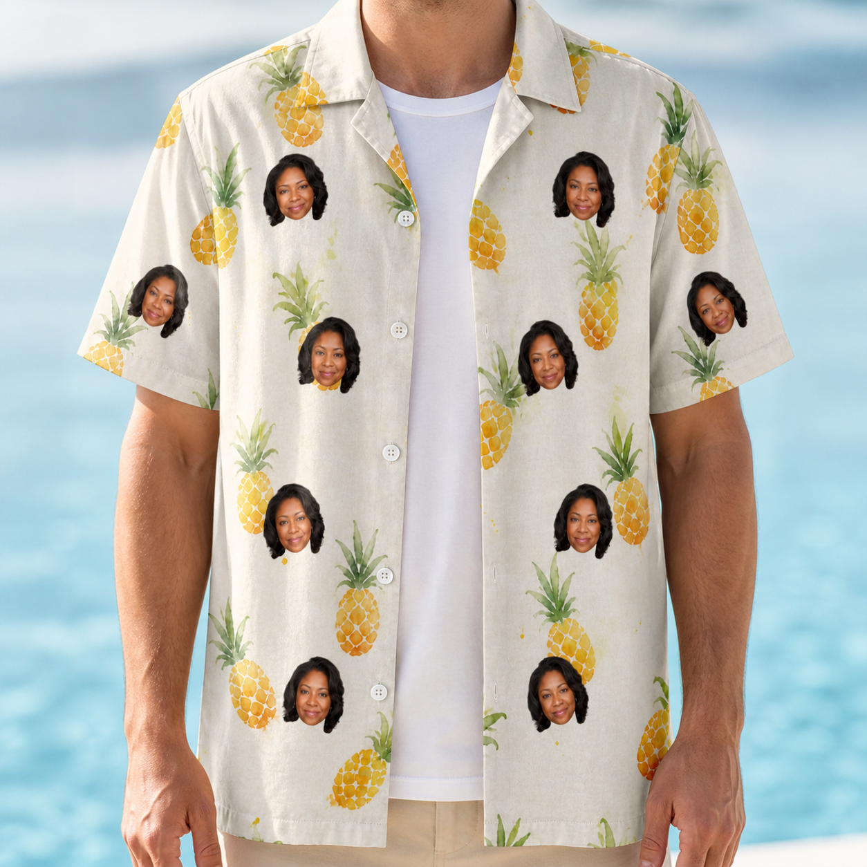 Man wearing Men's Prickle Picnic Custom Face Hawaiian Shirt open over a white tee