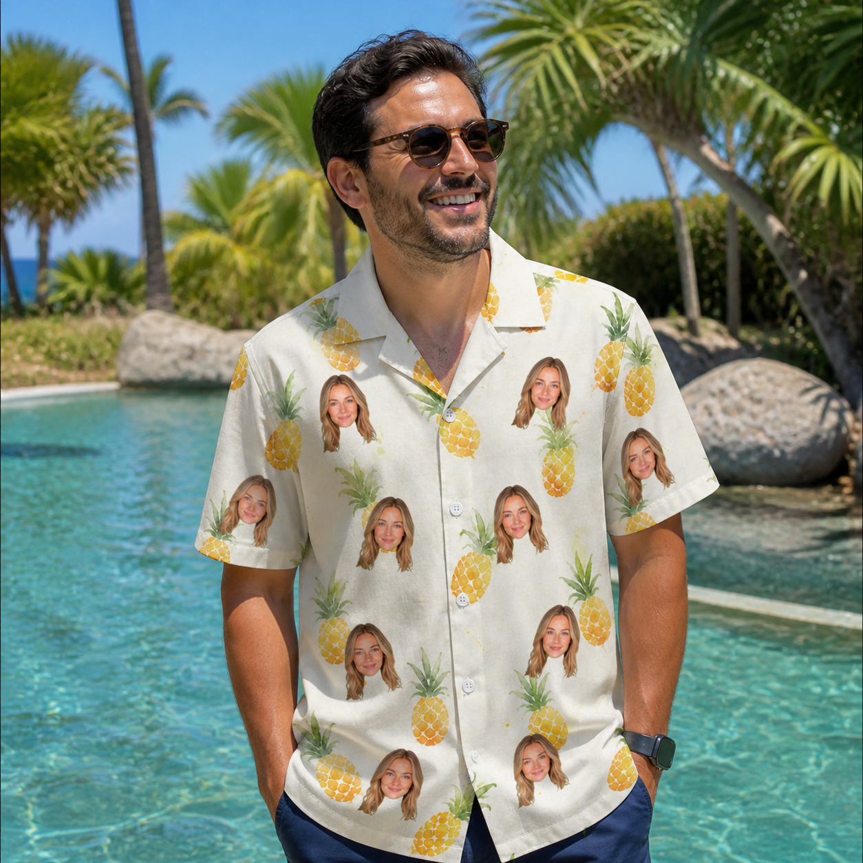 Real-life photo of someone wearing Men's Prickle Picnic Custom Face Hawaiian Shirt — custom faces printed all-over
