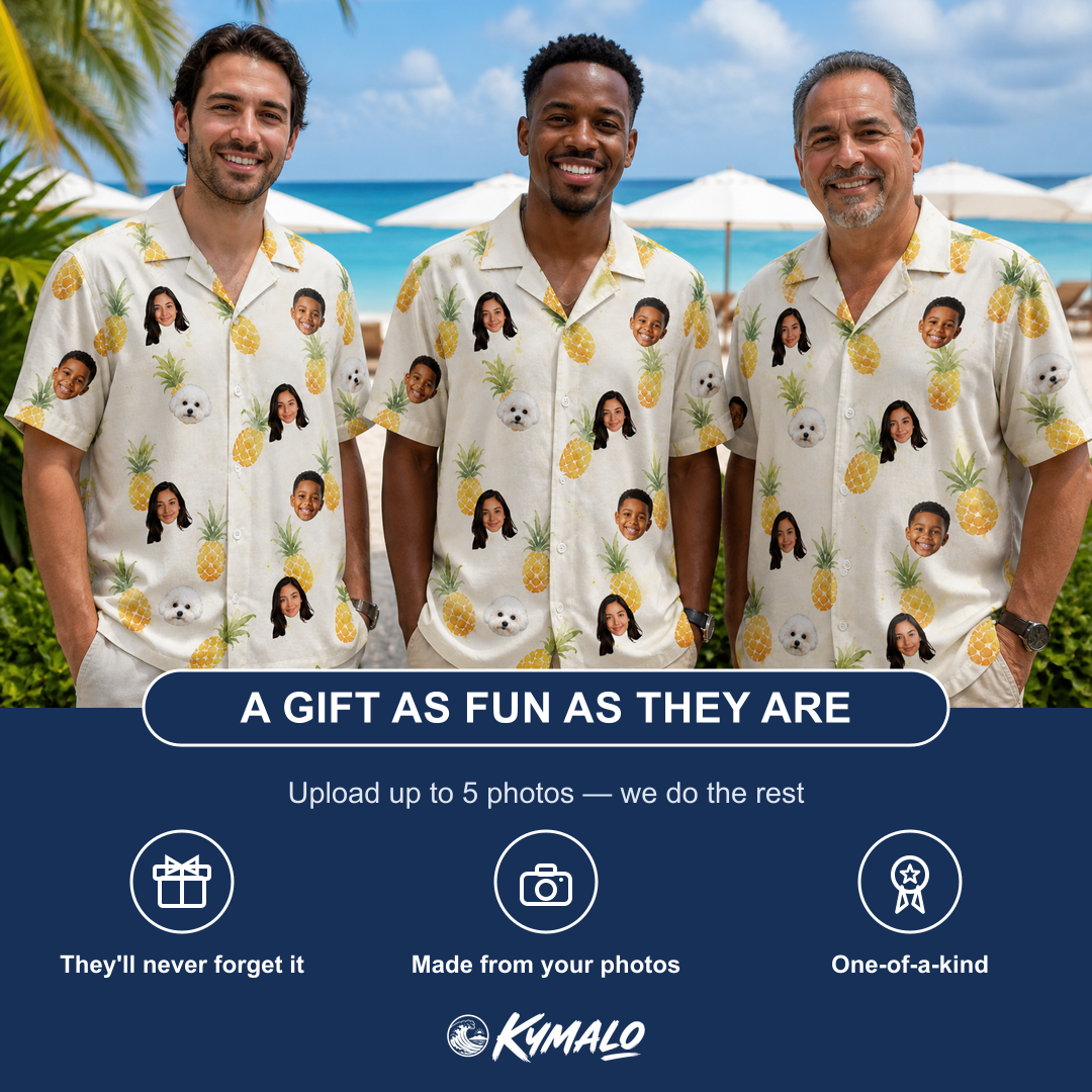 Friends in matching Men's Prickle Picnic Custom Face Hawaiian Shirt — a group gift photo