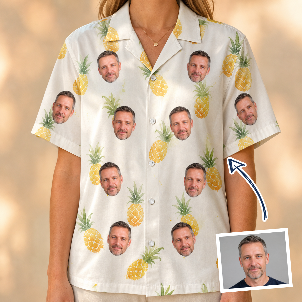 Woman wearing Women's Prickle Picnic Custom Face Hawaiian Shirt — custom faces printed all-over