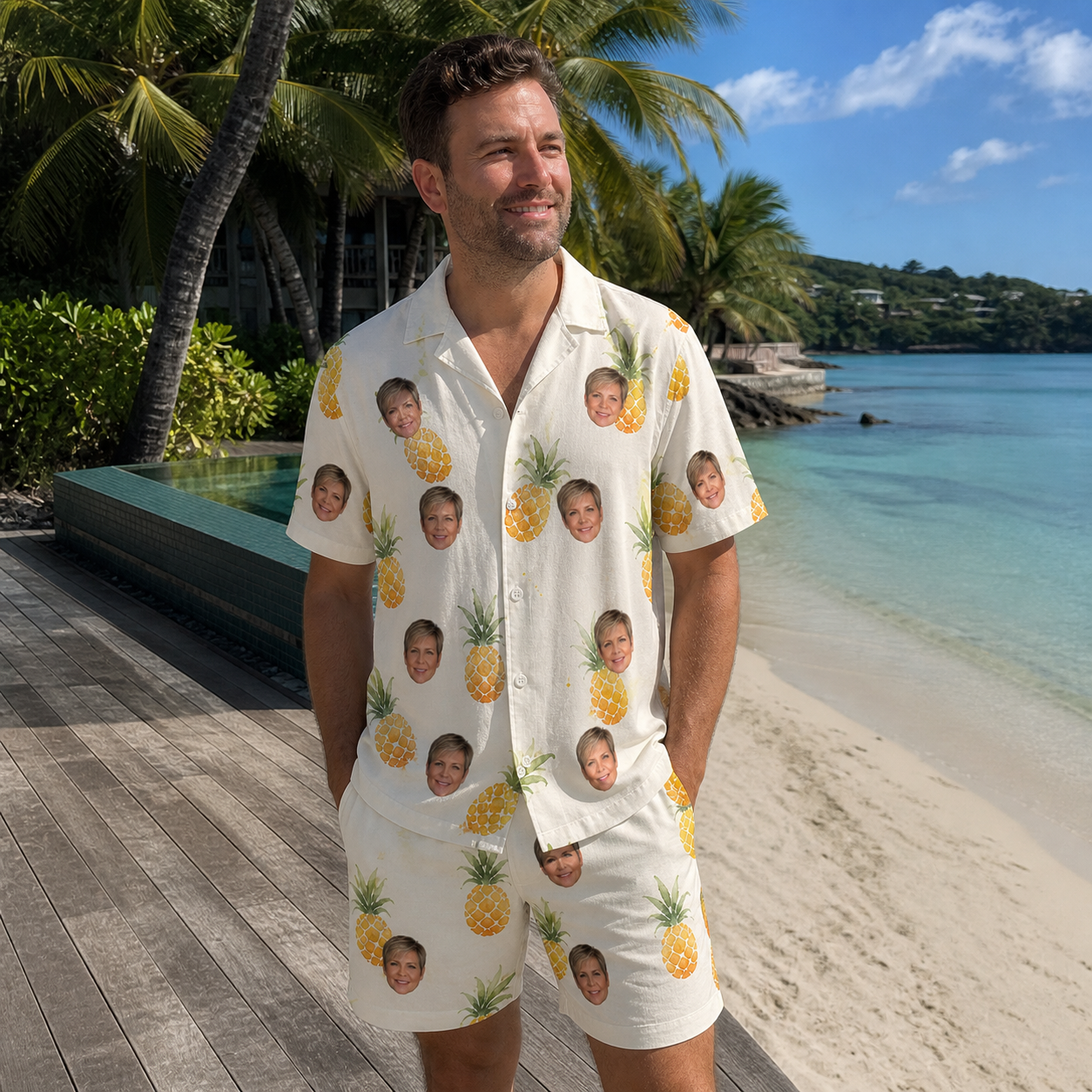 Real-life photo of someone wearing Men's Prickle Picnic Custom Face Shirt & Shorts Set — custom faces printed all-over