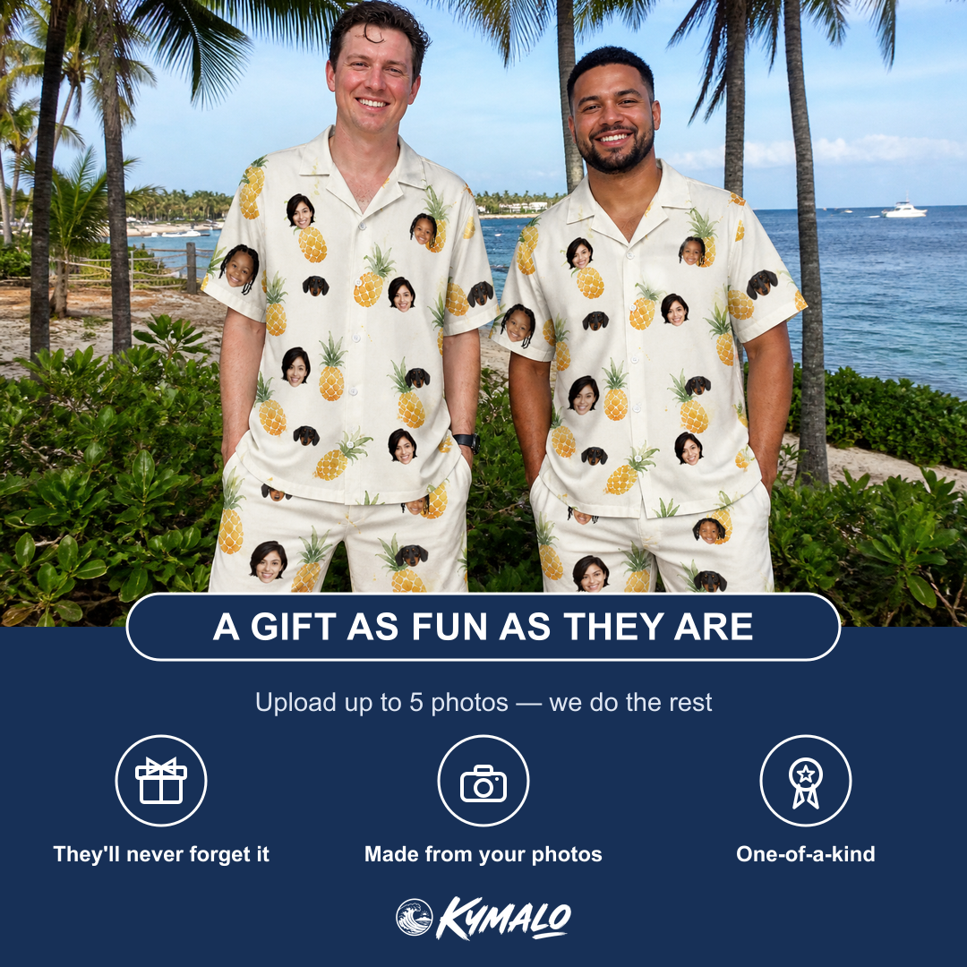 Friends in matching Men's Prickle Picnic Custom Face Shirt & Shorts Set — a group gift photo