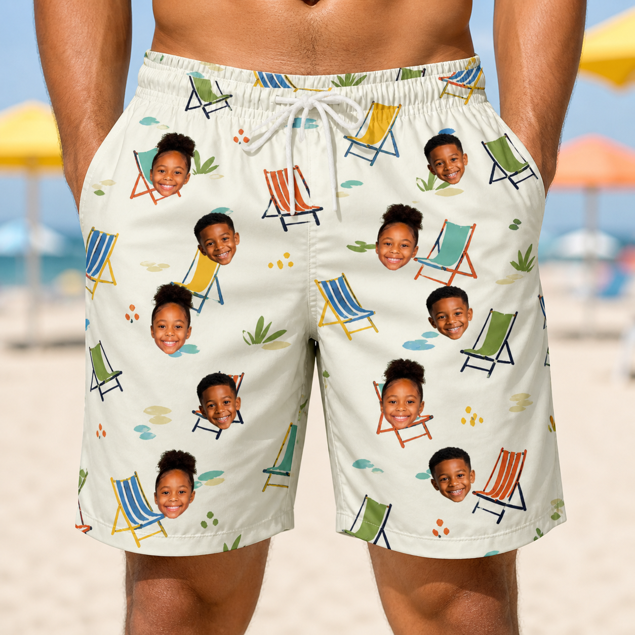 Model wearing Men's Seaside Sitters Custom Face Beach Shorts printed with kids' faces