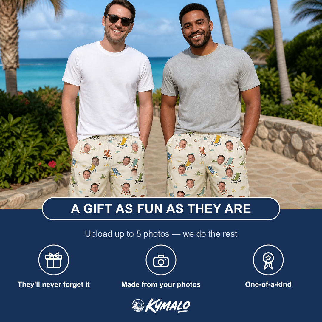 Friends in matching Men's Seaside Sitters Custom Face Beach Shorts — a group gift photo