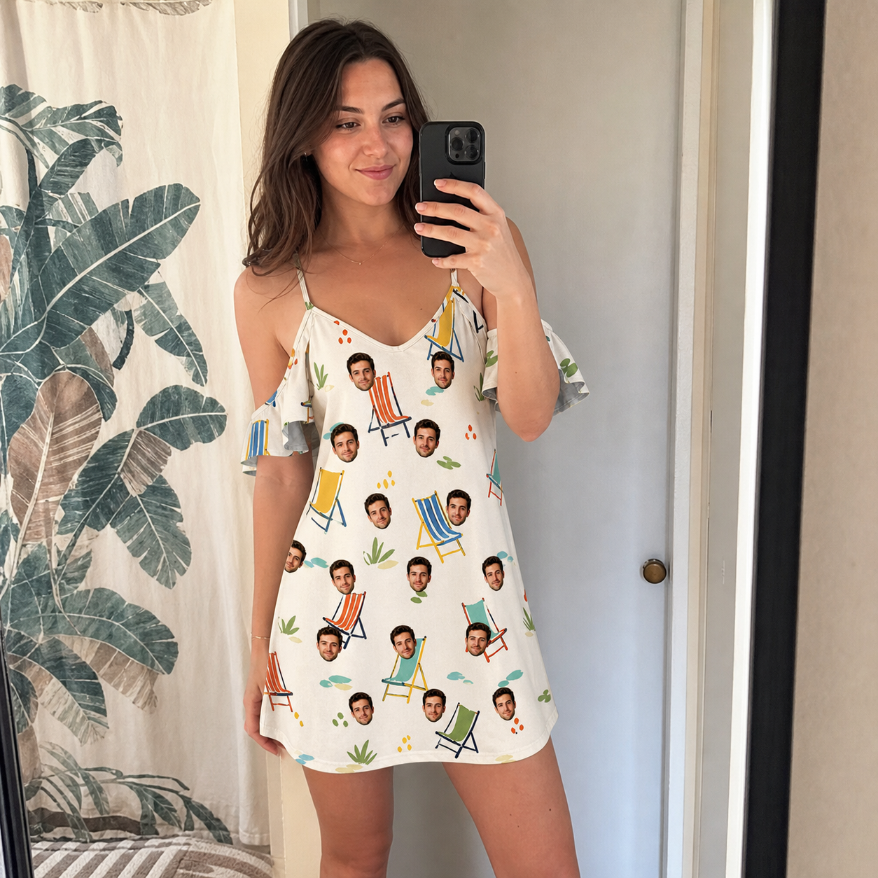 Real-life photo of someone wearing Women's Seaside Sitters Custom Face Off-Shoulder Dress — custom faces printed all-over