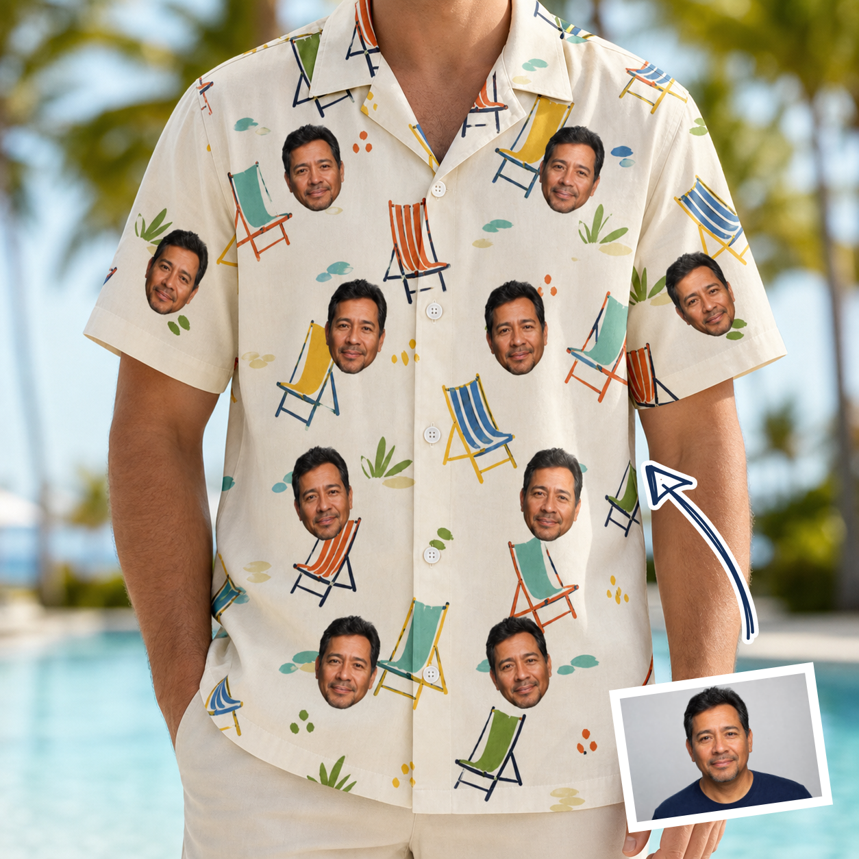 Man wearing Men's Seaside Sitters Custom Face Hawaiian Shirt — custom faces printed all-over