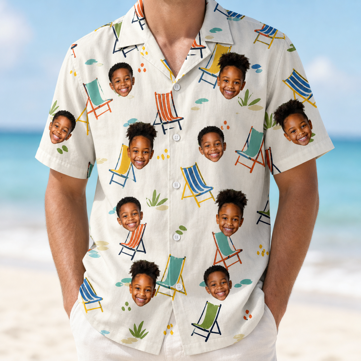 Model wearing Men's Seaside Sitters Custom Face Hawaiian Shirt printed with kids' faces
