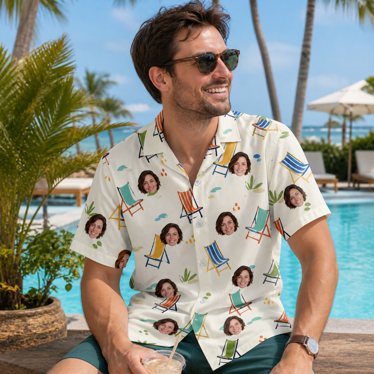 Real-life photo of someone wearing Men's Seaside Sitters Custom Face Hawaiian Shirt — custom faces printed all-over