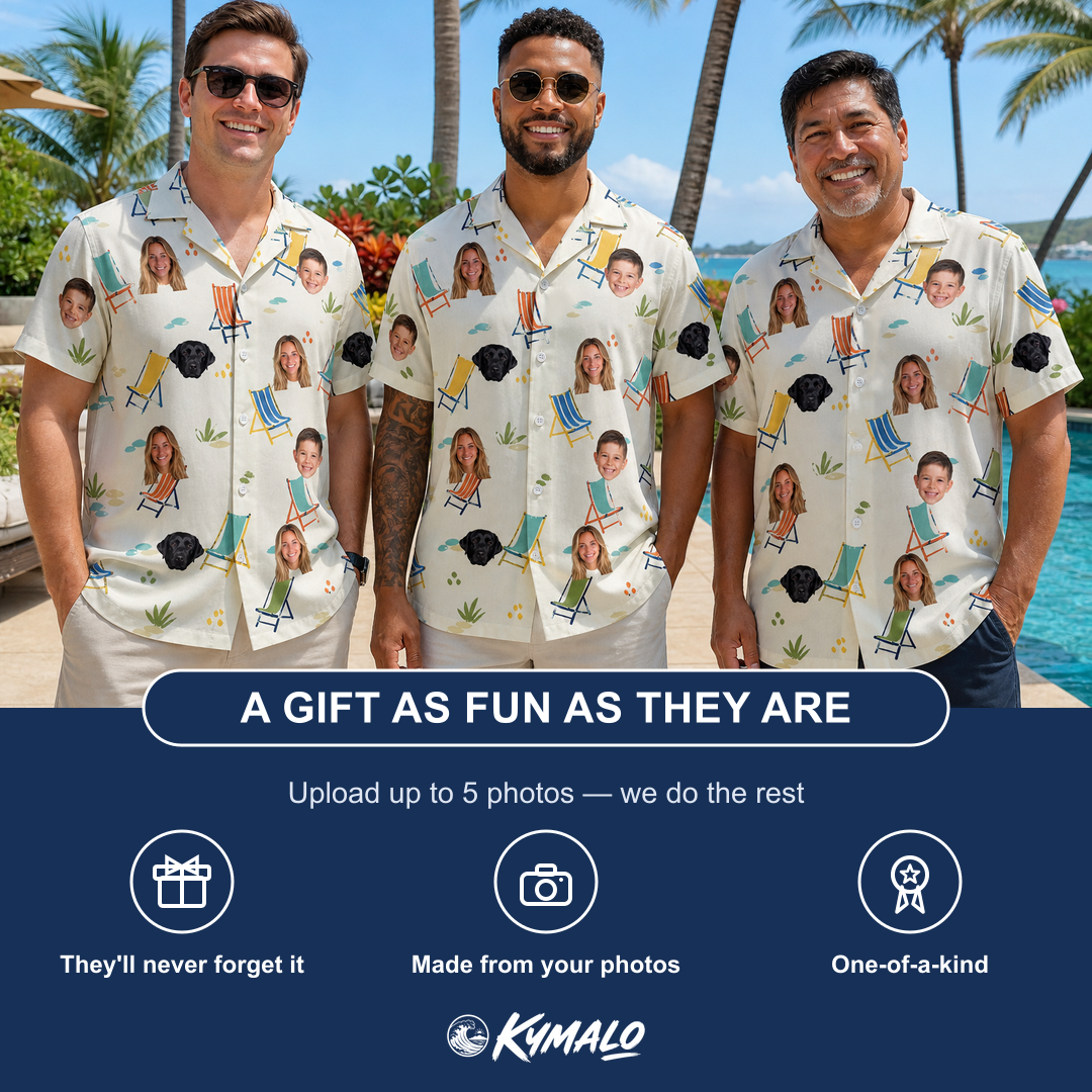 Friends in matching Men's Seaside Sitters Custom Face Hawaiian Shirt — a group gift photo