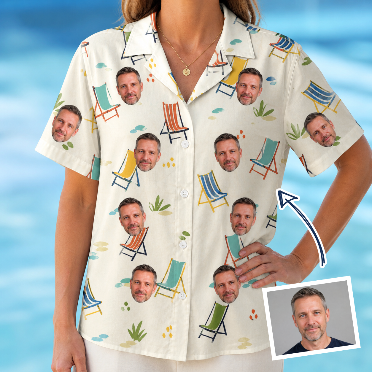 Woman wearing Women's Seaside Sitters Custom Face Hawaiian Shirt — custom faces printed all-over