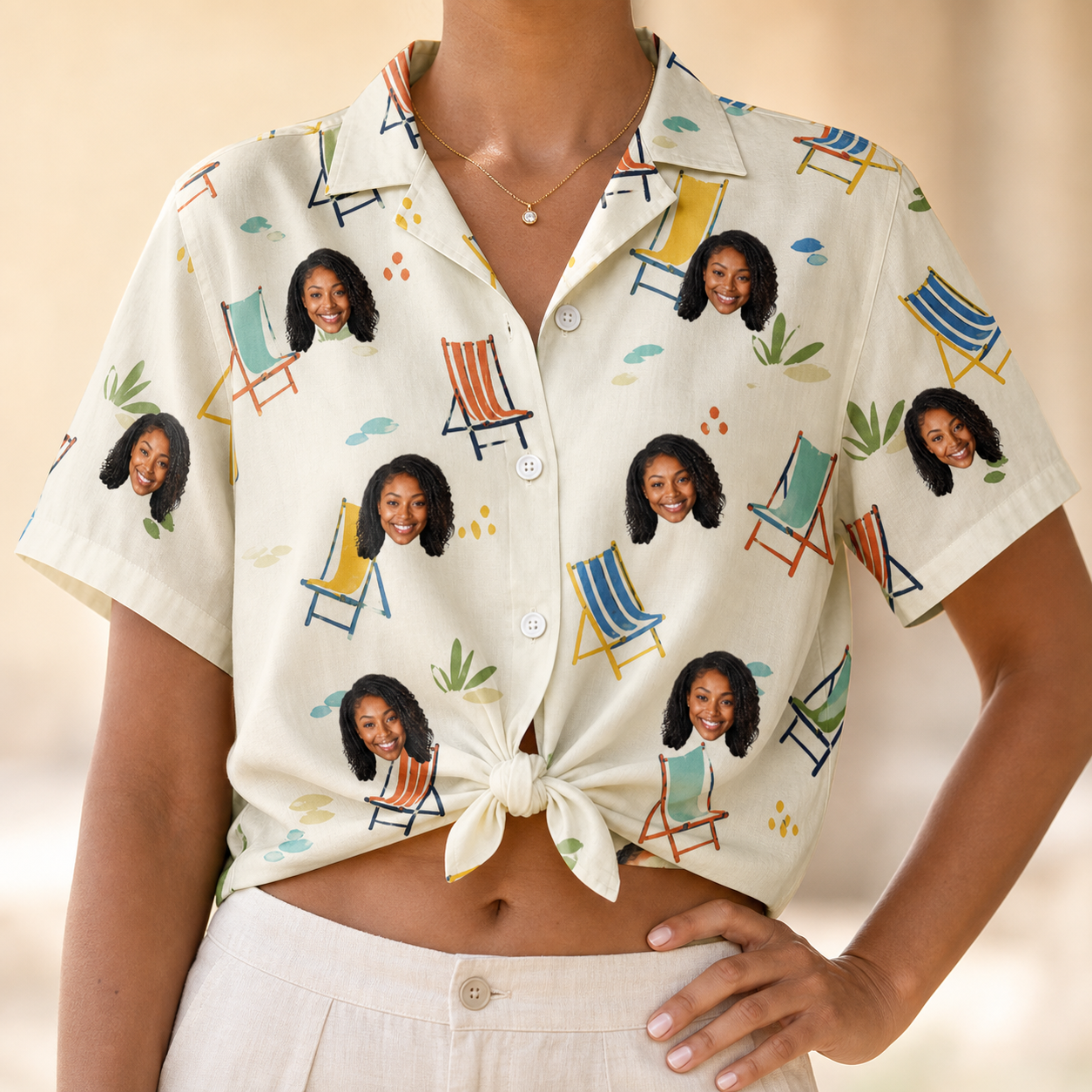 Woman wearing Women's Seaside Sitters Custom Face Hawaiian Shirt tied at the waist